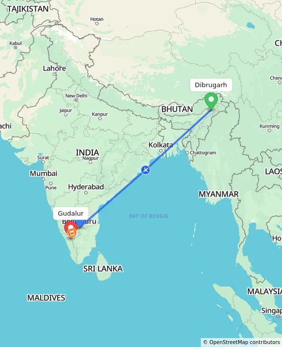 Route map showing distance and travel time from Dibrugarh, India to Gudalur, India
