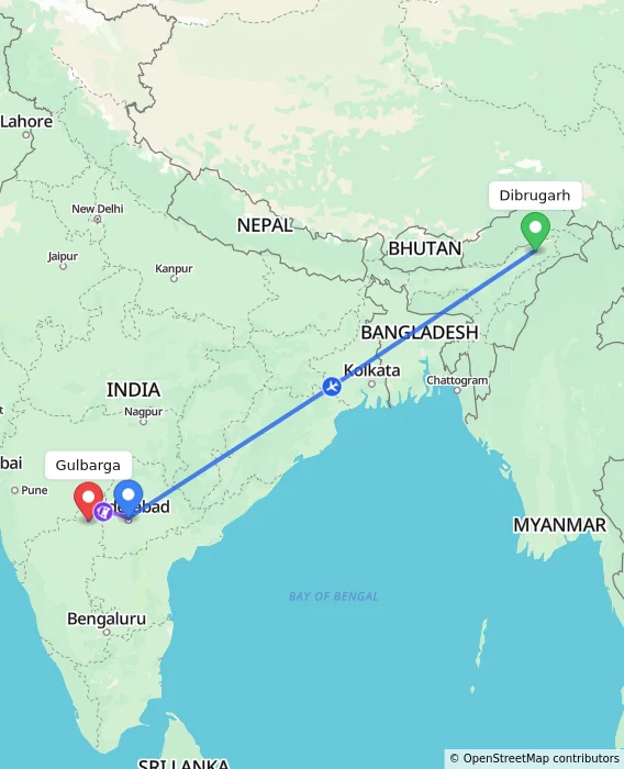 Route map showing distance and travel time from Dibrugarh, India to Gulbarga, India
