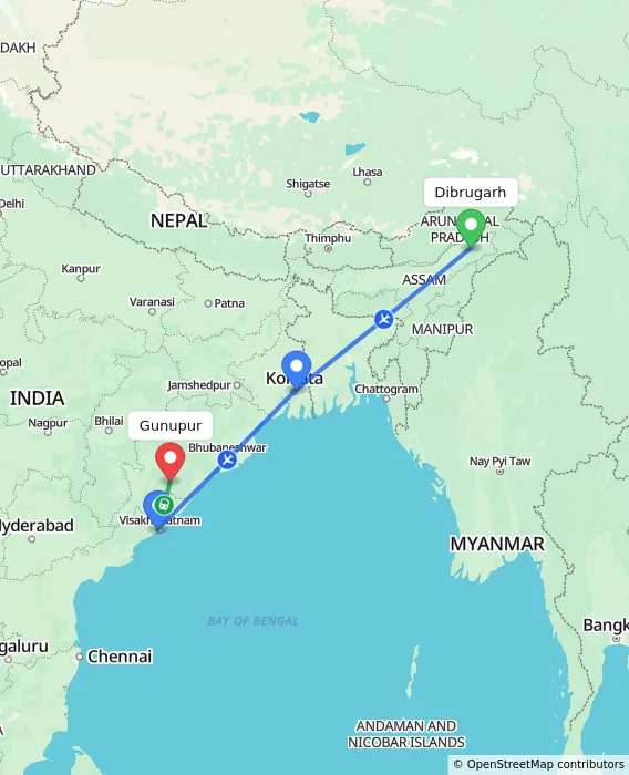 Route map showing distance and travel time from Dibrugarh, India to Gunupur, India