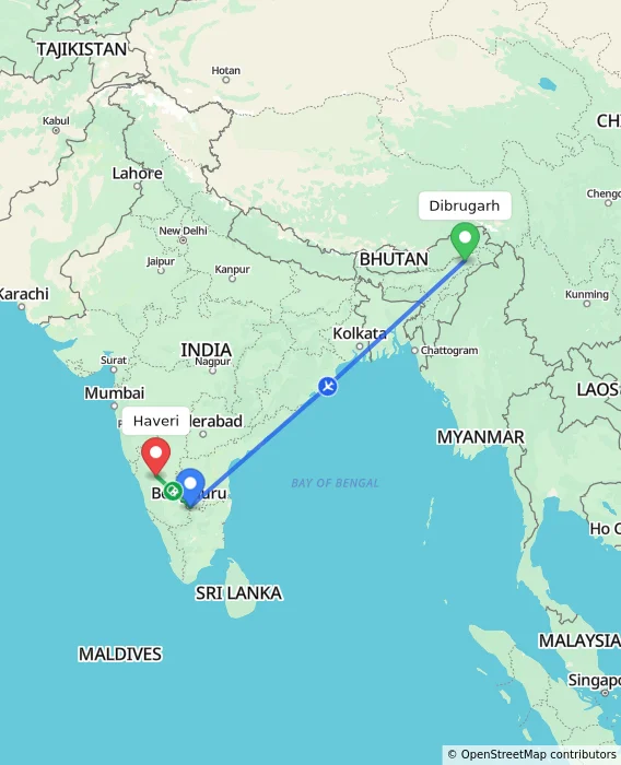 Route map showing distance and travel time from Dibrugarh, India to Haveri, India