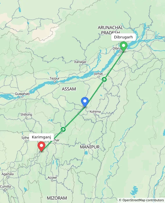 Route map showing distance and travel time from Dibrugarh, India to Karimganj, India