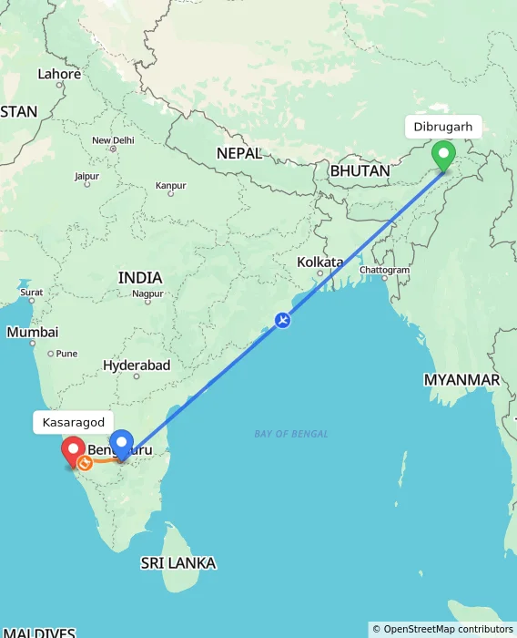 Route map showing distance and travel time from Dibrugarh, India to Kasaragod, India