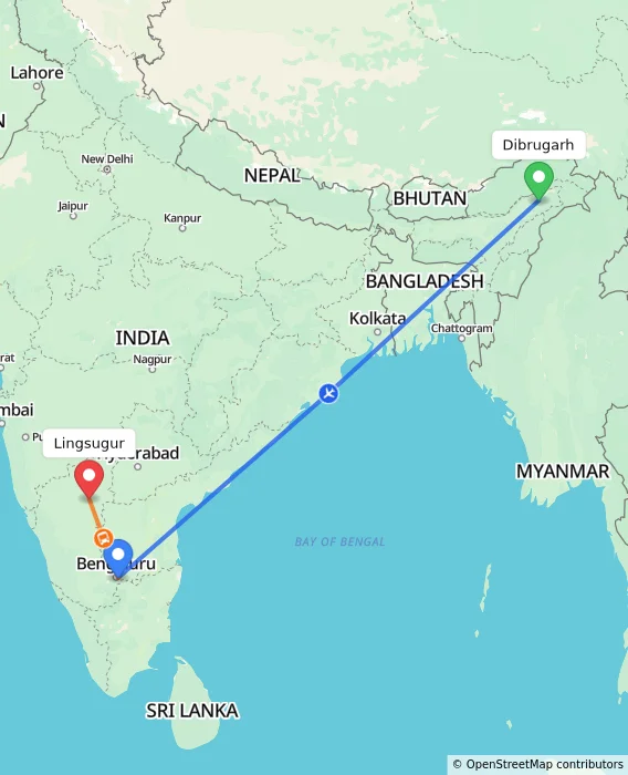 Route map showing distance and travel time from Dibrugarh, India to Lingsugur, India