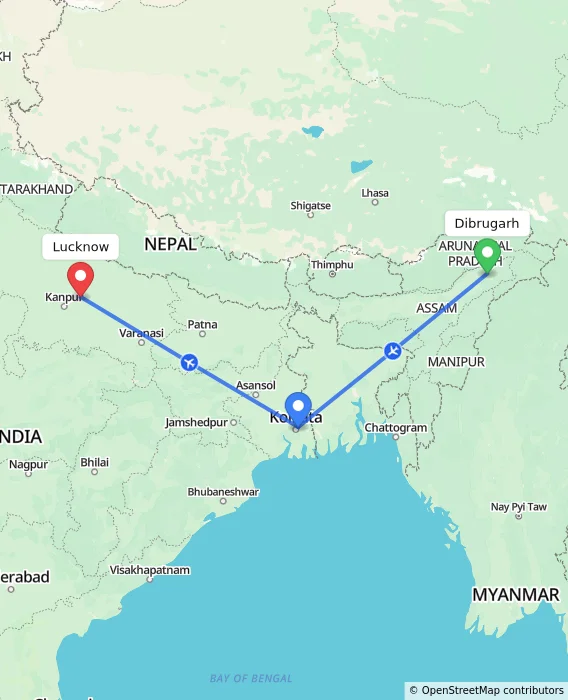 Route map showing distance and travel time from Dibrugarh, India to Lucknow, India