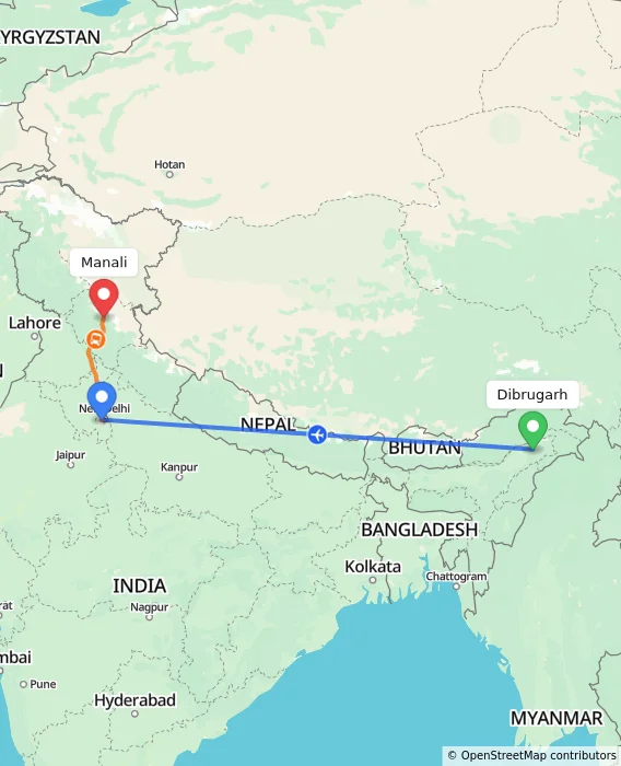 Route map showing distance and travel time from Dibrugarh, India to Manali, India