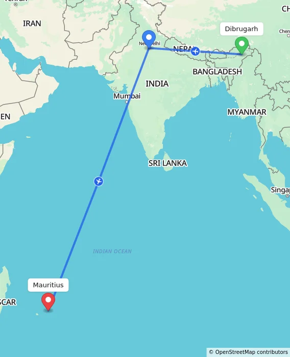 Route map showing distance and travel time from Dibrugarh, India to Mauritius, Mauritius