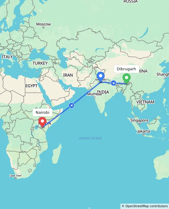 Route map showing distance and travel time from Dibrugarh, India to Nairobi, Kenya