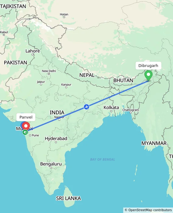 Route map showing distance and travel time from Dibrugarh, India to Panvel, India