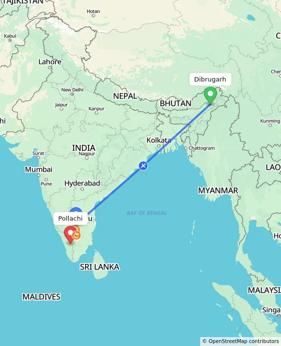 Route map showing distance and travel time from Dibrugarh, India to Pollachi, India