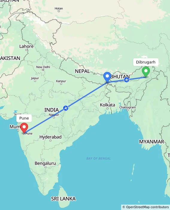 Route map showing distance and travel time from Dibrugarh, India to Pune, India