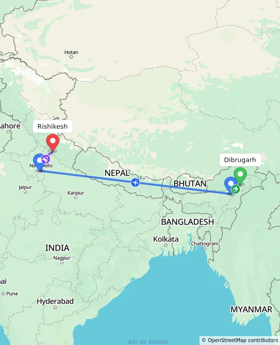 Route map showing distance and travel time from Dibrugarh, India to Rishikesh, India