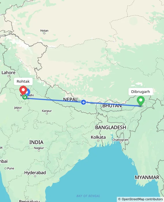 Route map showing distance and travel time from Dibrugarh, India to Rohtak, India