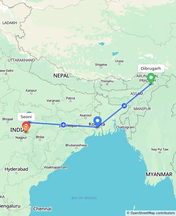 Route map showing distance and travel time from Dibrugarh, India to Seoni, India