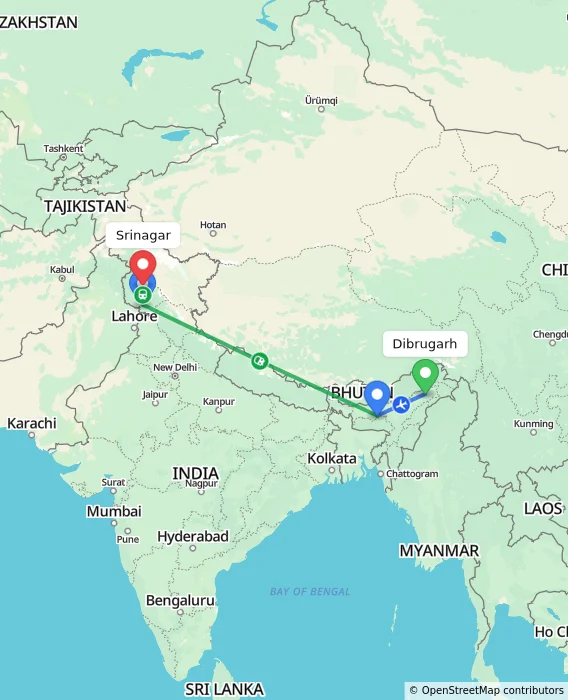 Route map showing distance and travel time from Dibrugarh, India to Srinagar, India