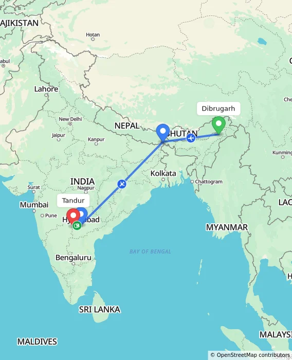 Route map showing distance and travel time from Dibrugarh, India to Tandur, India