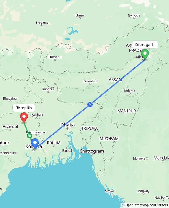 Route map showing distance and travel time from Dibrugarh, India to Tarapith, India