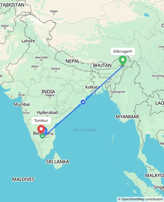 Route map showing distance and travel time from Dibrugarh, India to Tumkur, India