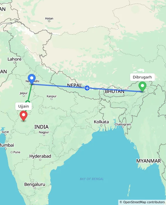Route map showing distance and travel time from Dibrugarh, India to Ujjain, India