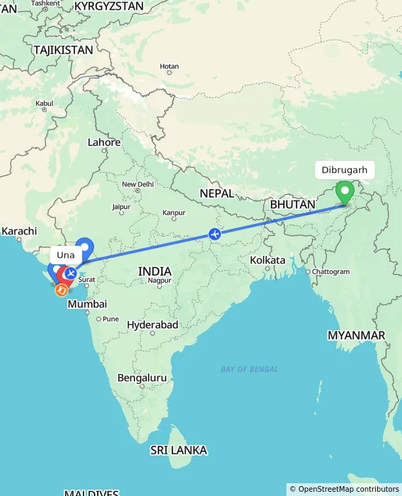 Route map showing distance and travel time from Dibrugarh, India to Una, India