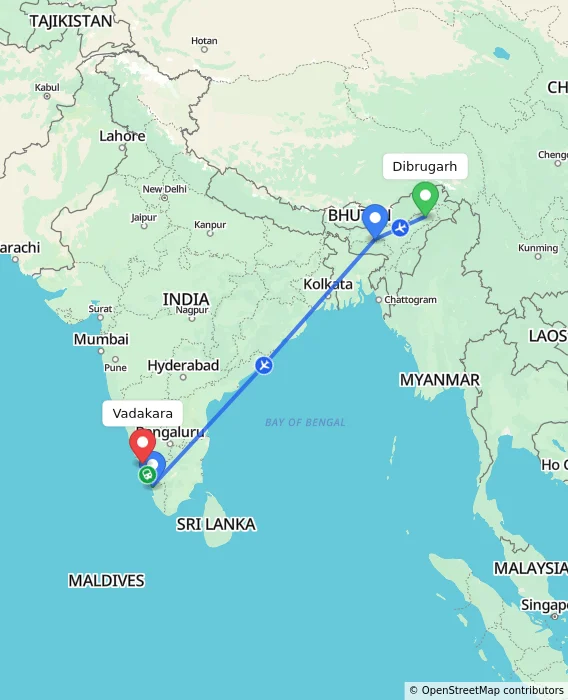 Route map showing distance and travel time from Dibrugarh, India to Vadakara, India