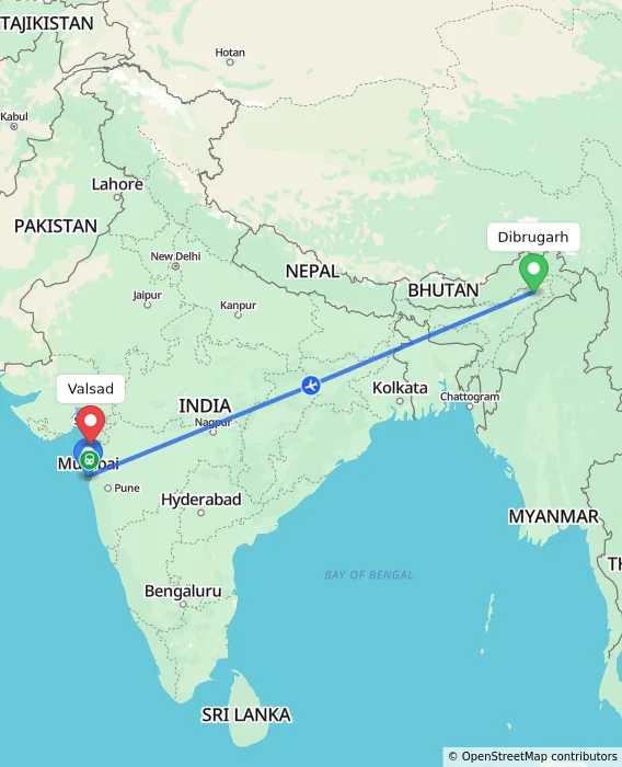 Route map showing distance and travel time from Dibrugarh, India to Valsad, India