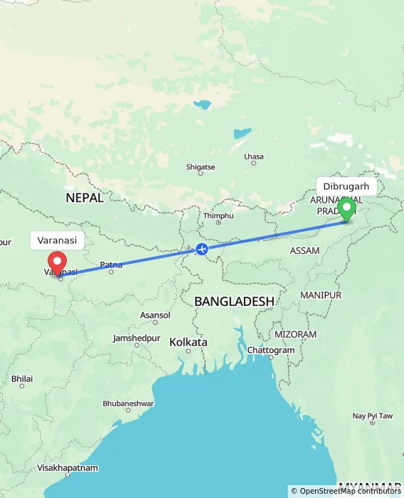 Route map showing distance and travel time from Dibrugarh, India to Varanasi, India