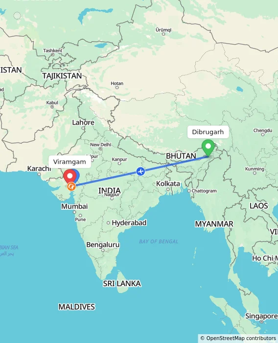 Route map showing distance and travel time from Dibrugarh, India to Viramgam, India