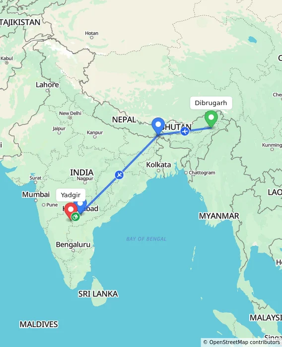 Route map showing distance and travel time from Dibrugarh, India to Yadgir, India