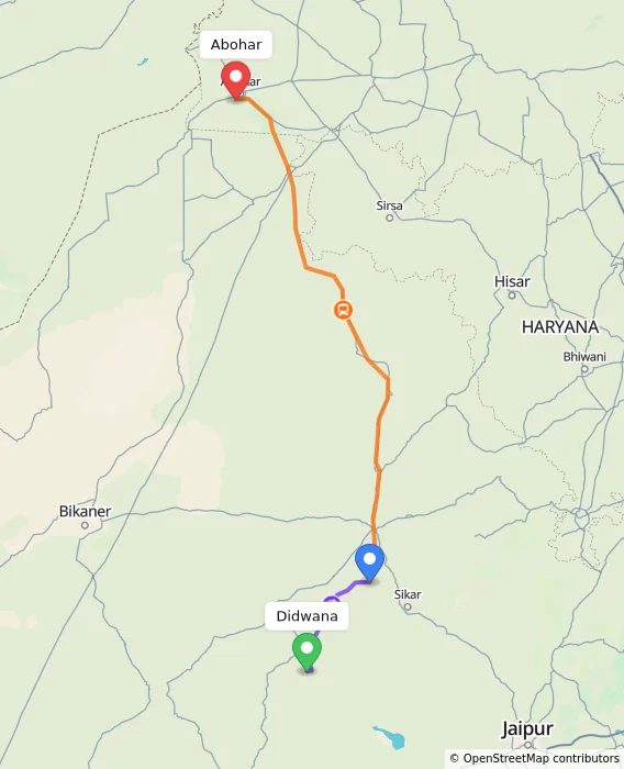 Route map showing distance and travel time from Didwana, India to Abohar, India