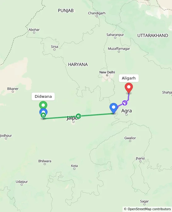 Route map showing distance and travel time from Didwana, India to Aligarh, India
