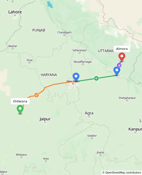 Route map showing distance and travel time from Didwana, India to Almora, India