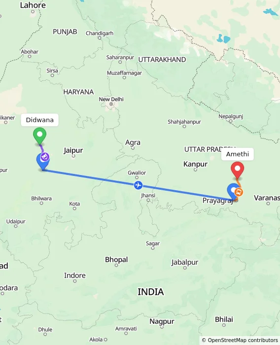 Route map showing distance and travel time from Didwana, India to Amethi, India