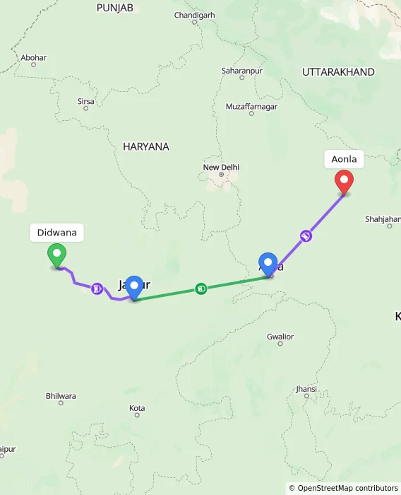 Route map showing distance and travel time from Didwana, India to Aonla, India