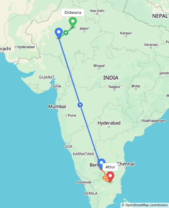 Route map showing distance and travel time from Didwana, India to Attur, India