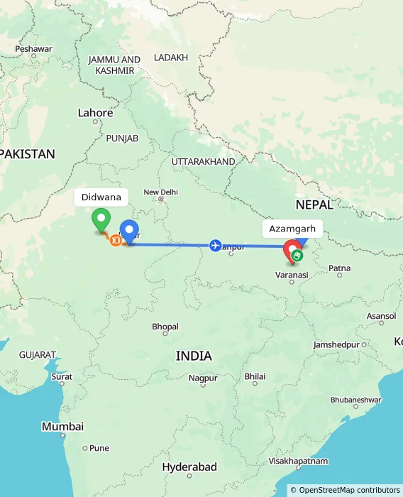 Route map showing distance and travel time from Didwana, India to Azamgarh, India