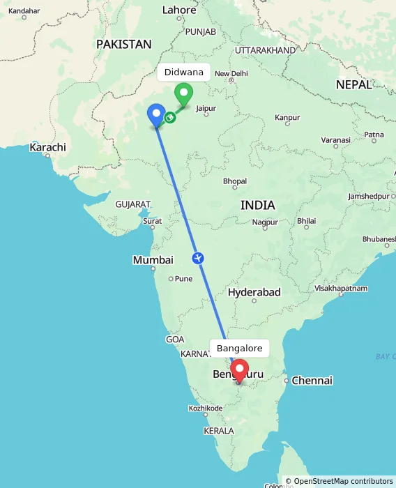 Route map showing distance and travel time from Didwana, India to Bangalore, India