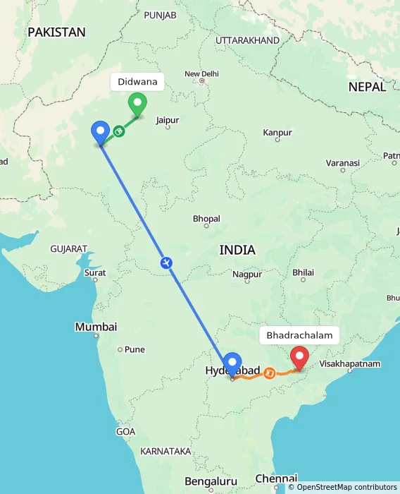 Route map showing distance and travel time from Didwana, India to Bhadrachalam, India