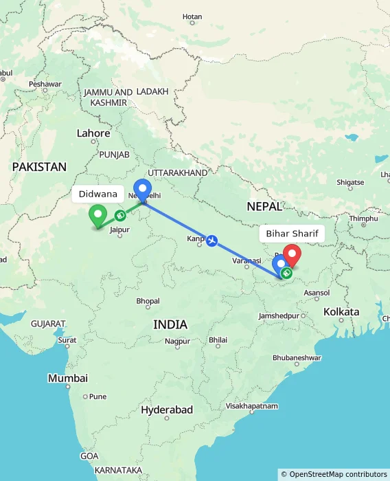 Route map showing distance and travel time from Didwana, India to Bihar Sharif, India