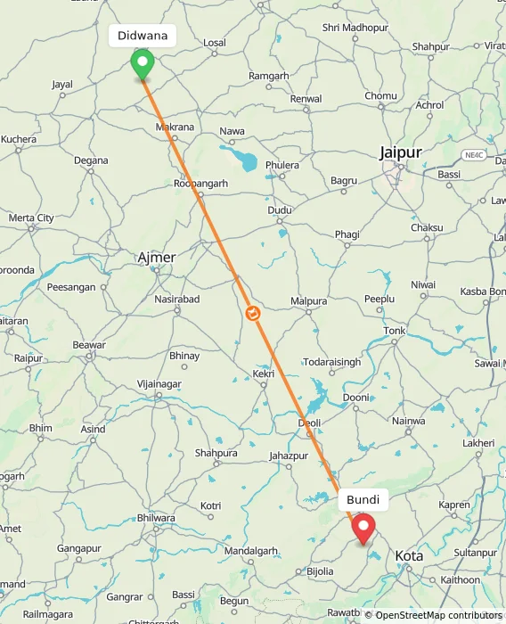 Route map showing distance and travel time from Didwana, India to Bundi, India