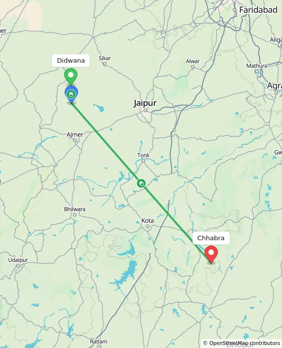 Route map showing distance and travel time from Didwana, India to Chhabra, India