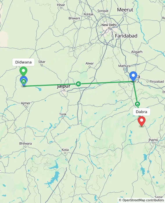 Route map showing distance and travel time from Didwana, India to Dabra, India