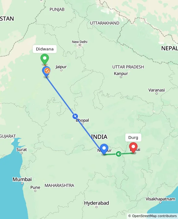 Route map showing distance and travel time from Didwana, India to Durg, India