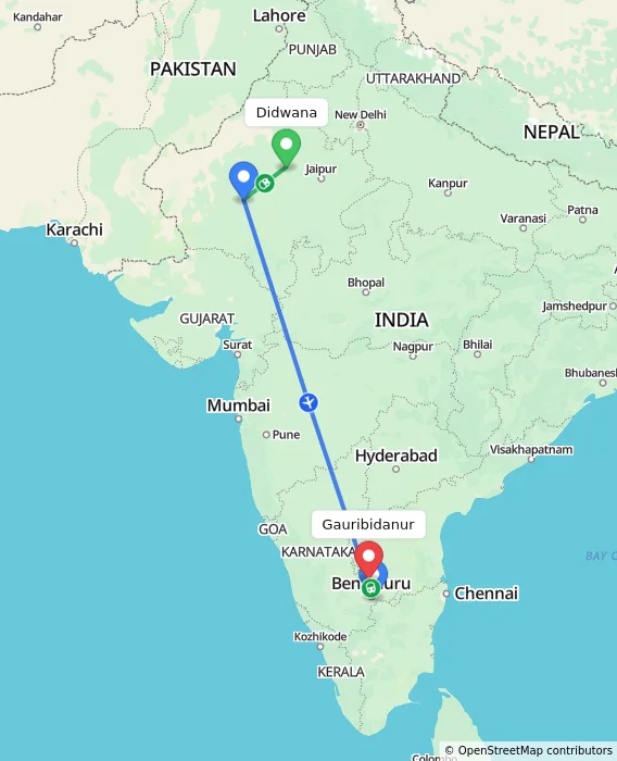 Route map showing distance and travel time from Didwana, India to Gauribidanur, India