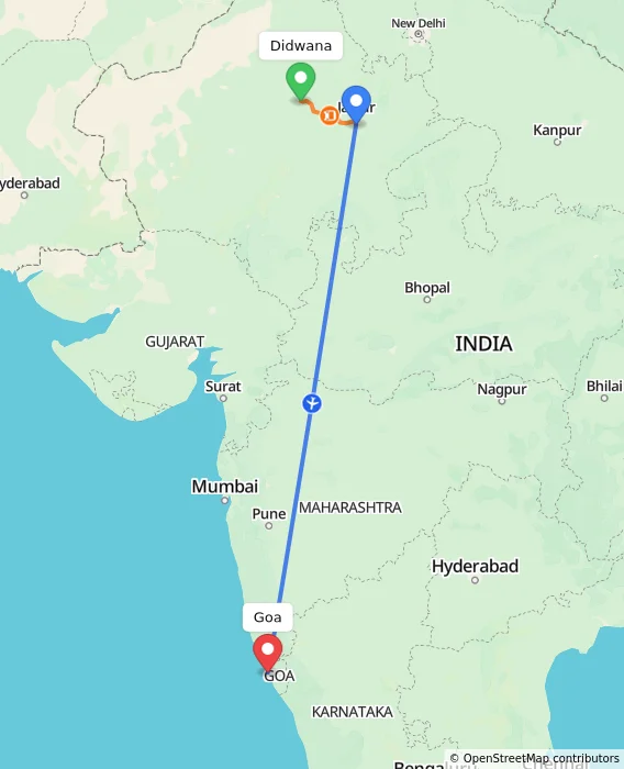 Route map showing distance and travel time from Didwana, India to Goa, India