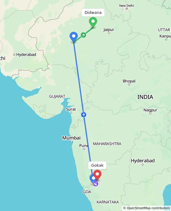 Route map showing distance and travel time from Didwana, India to Gokak, India