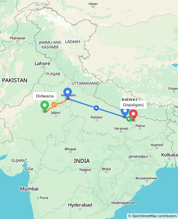 Route map showing distance and travel time from Didwana, India to Gopalganj, India