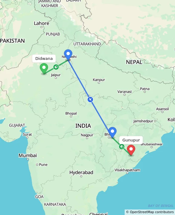 Route map showing distance and travel time from Didwana, India to Gunupur, India