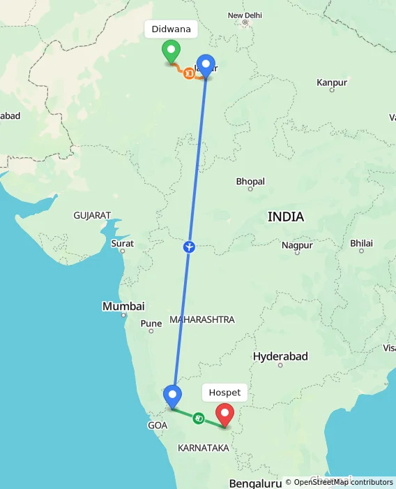 Route map showing distance and travel time from Didwana, India to Hospet, India