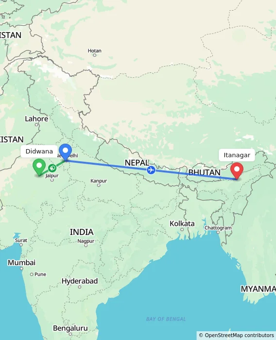 Route map showing distance and travel time from Didwana, India to Itanagar, India