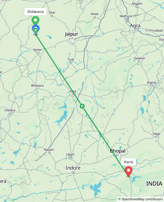 Route map showing distance and travel time from Didwana, India to Itarsi, India
